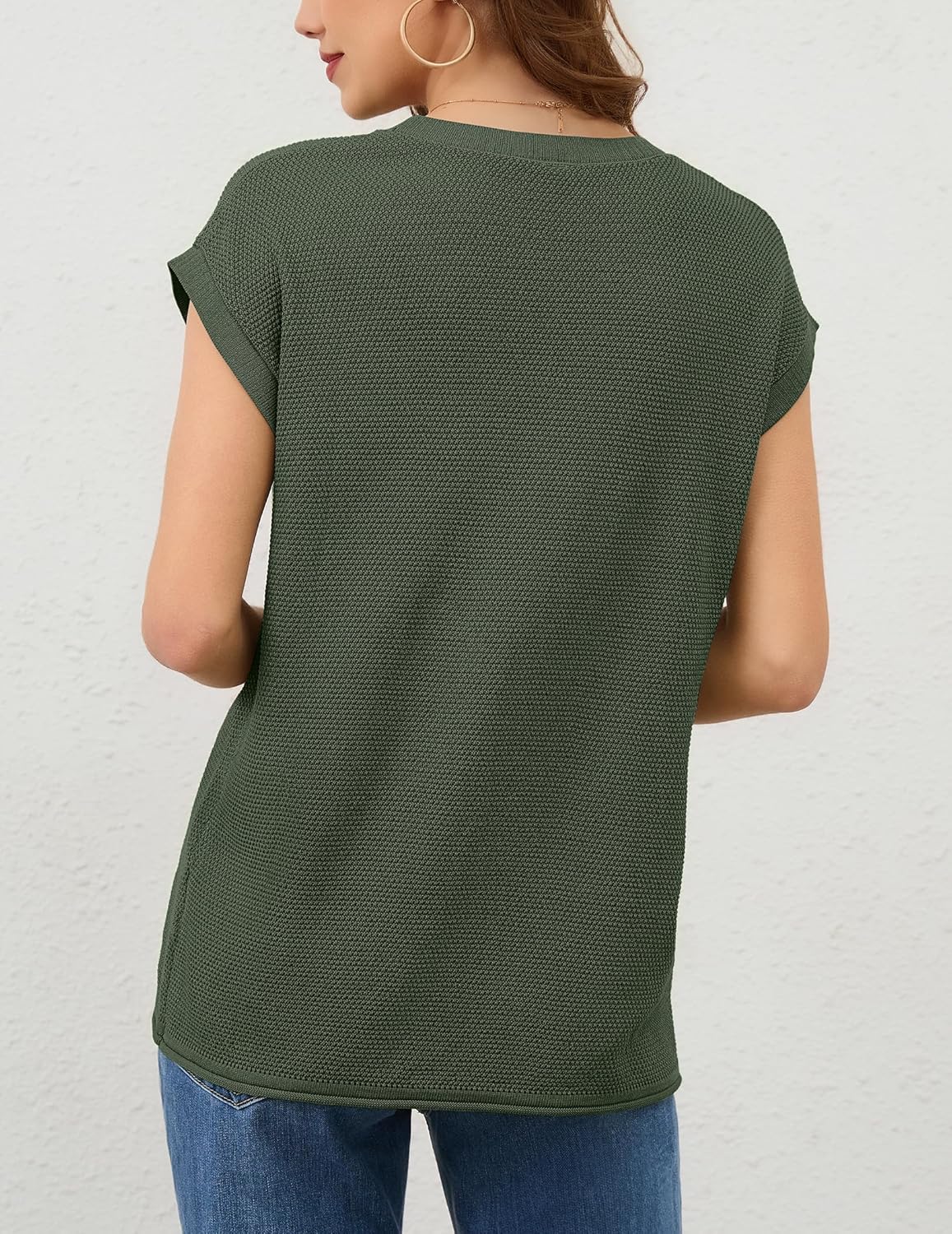 Women's Green Sleeveless Waffle Knit Sweater Vest Loose Fit Chic Knit Cap Sleeve Tank Tops Texture Knitted Pullover Gifts - Image 5