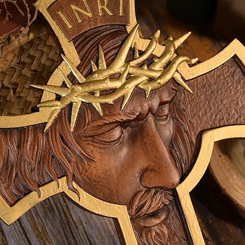 Miniatura 6 de BGCOPPER Corona de espinas Jesús Cruz Wll Decoración, Cruz de madera hecha a mano para pared, Crucifijo INRI Crucifijo de pared para el hogar,
