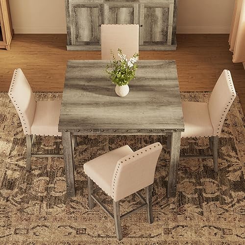 Miniatura 7 de Juego de mesa de comedor de altura de mostrador para 4, juego de mesa de comedor de granja para 4, mesa de comedor de cocina cuadrada con 4