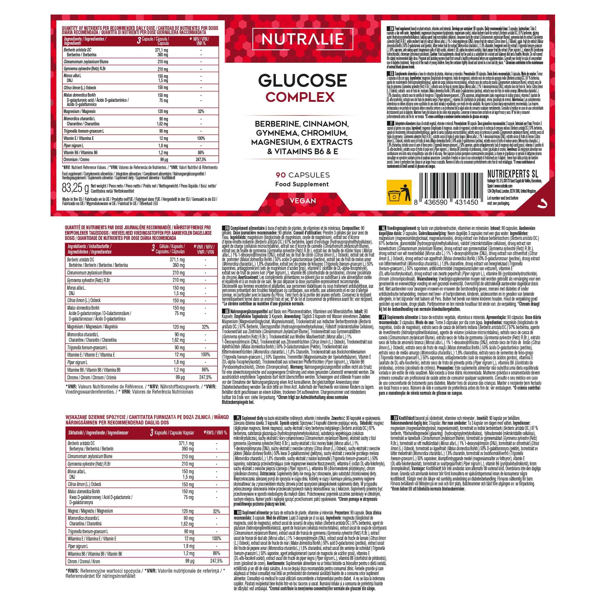 Glucose Complex 2000mg - Glycémie - Contrôle Glucose Berbérine Cannelle Chrome Melon Amer Gymnema Poivre Noir et Vitamine E B6 - Contribue au Maintien d'une Glycémie Normale - 90 Gélules Nutralie