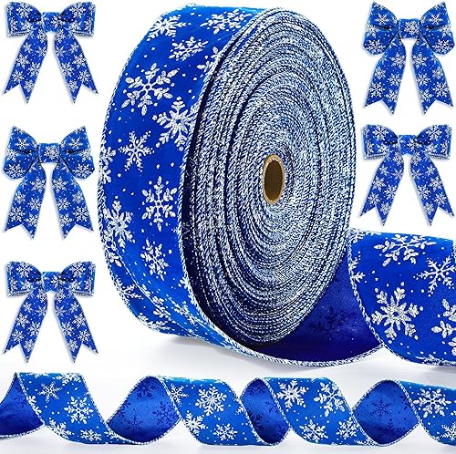 XunYee Cintas de terciopelo de Navidad de 50 yardas, cinta de envoltura de copo de nieve de 2.5 pulgadas, cintas con alambre para regalo de Navidad,