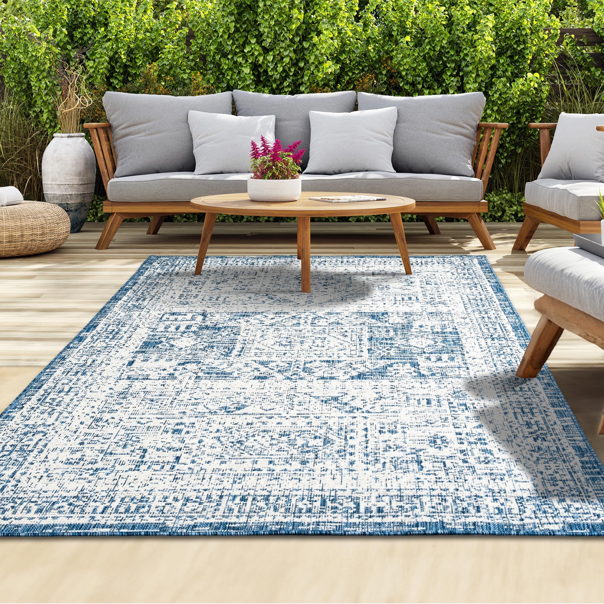 homeart Outdoor Rug - Easy-Clean, Durable, Stain-Resistant, Weather & UV Resistant Indoor & Outdoor Rugs for Porch, Deck, Balcony, Garden, Picnic and Patio | Vintage Blue, Cream - 180x270cm