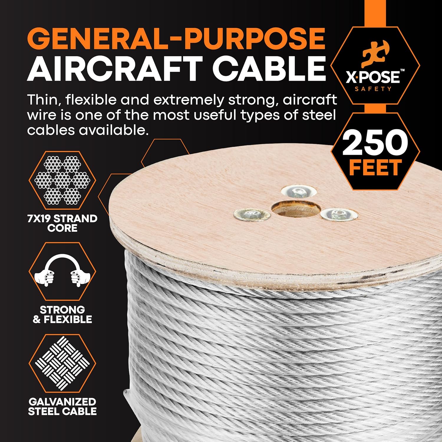 Xpose Safety 1/4" Galvanized Steel Aircraft Cable Wire – 250 ft Reel, 7x19 Strand, 7,000 lb Break Strength – for Pulley System, Winch, Marine, Deck Railing, Fencing, Zipline