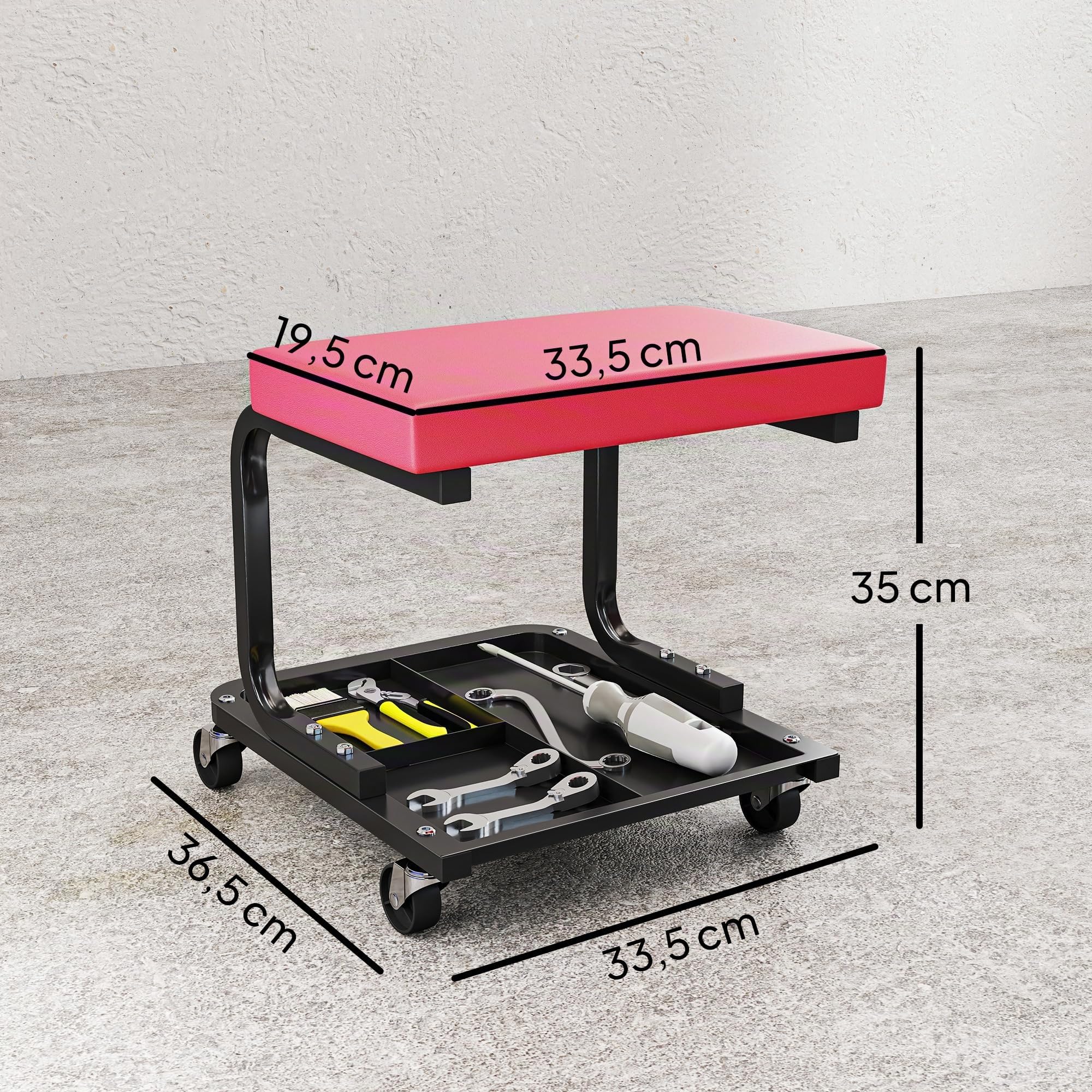 HOMCOM Tabouret de Mécanicien Tabouret d'Atelier Mobile Plateau à Outils | Charge 135 kg, Siège d'Atelier avec Roulettes Lisses Pivotant à 360°, pour Entretien, Réparation Automobile, Garage