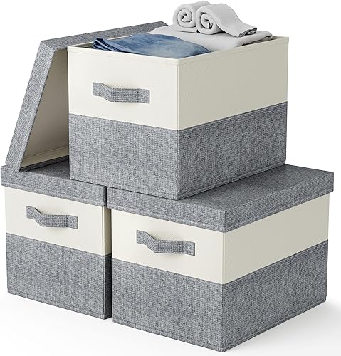 Contenedores de almacenamiento grandes de tela con tapas, paquete de 3 unidades, plegables, organizadores de armario de lino y almacenamiento,