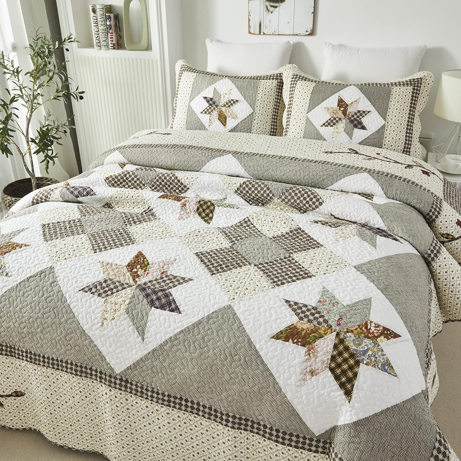Brandream Queen Size Luxury Patchwork Quilts Premium Cotton Farmhouse Quilted Bedspread Vintage Quilt Set - Image 5