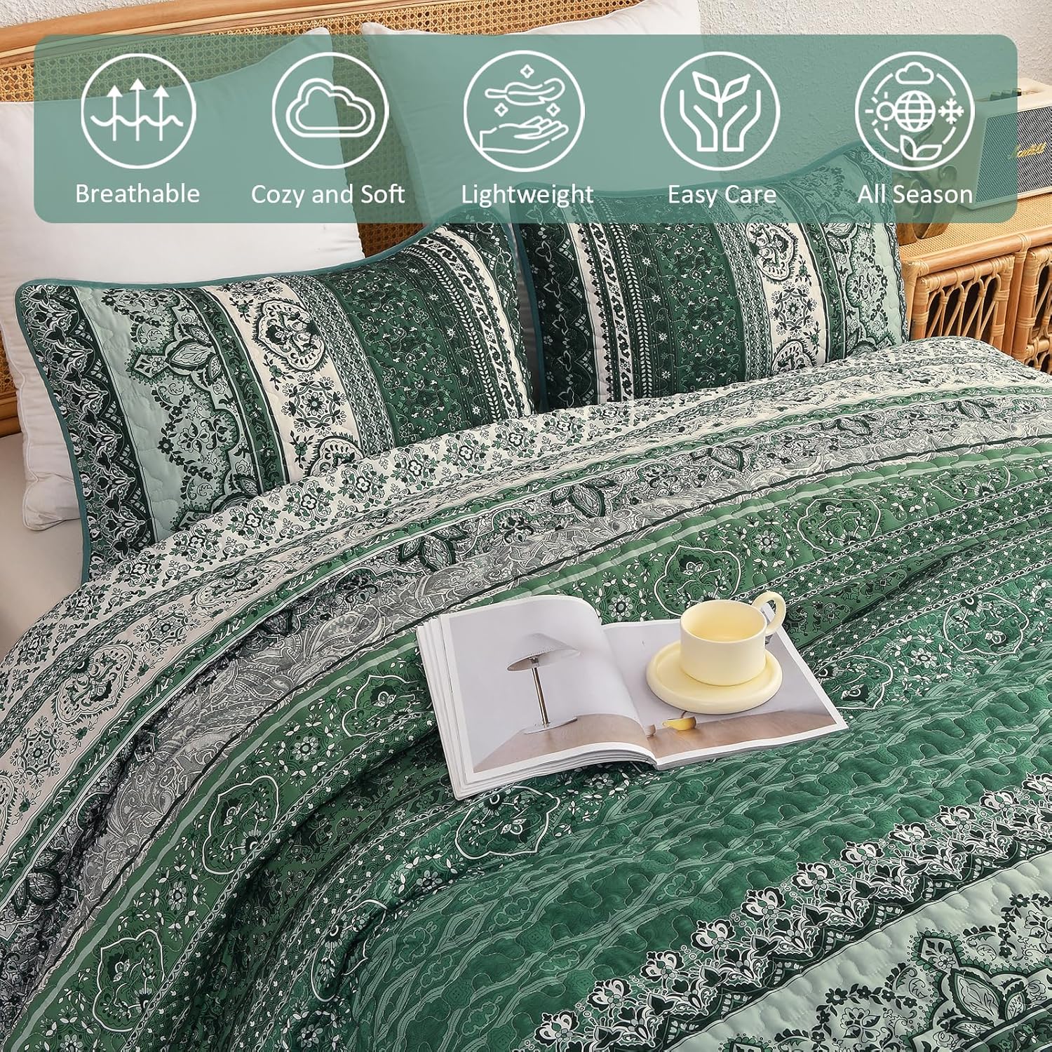 WONGS BEDDING Boho Quilt Set King Size, Green Quilts Bohemian Stripe Bedding Sets for All Season, Soft Lightweight Bedspread Coverlet Set with 2 Pillow Shams (King, 104"x90")