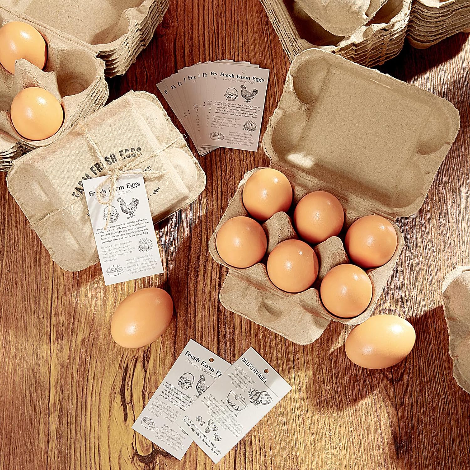 LemonRoad 100 Pack Egg Cartons Bulk 6 Count Half Dozen Holds Cardboard Natural Paper Pulp Egg Cartons Reusable with Instruction Cards Jute Rope Empty Tray Holder for Family Farm Market Storing