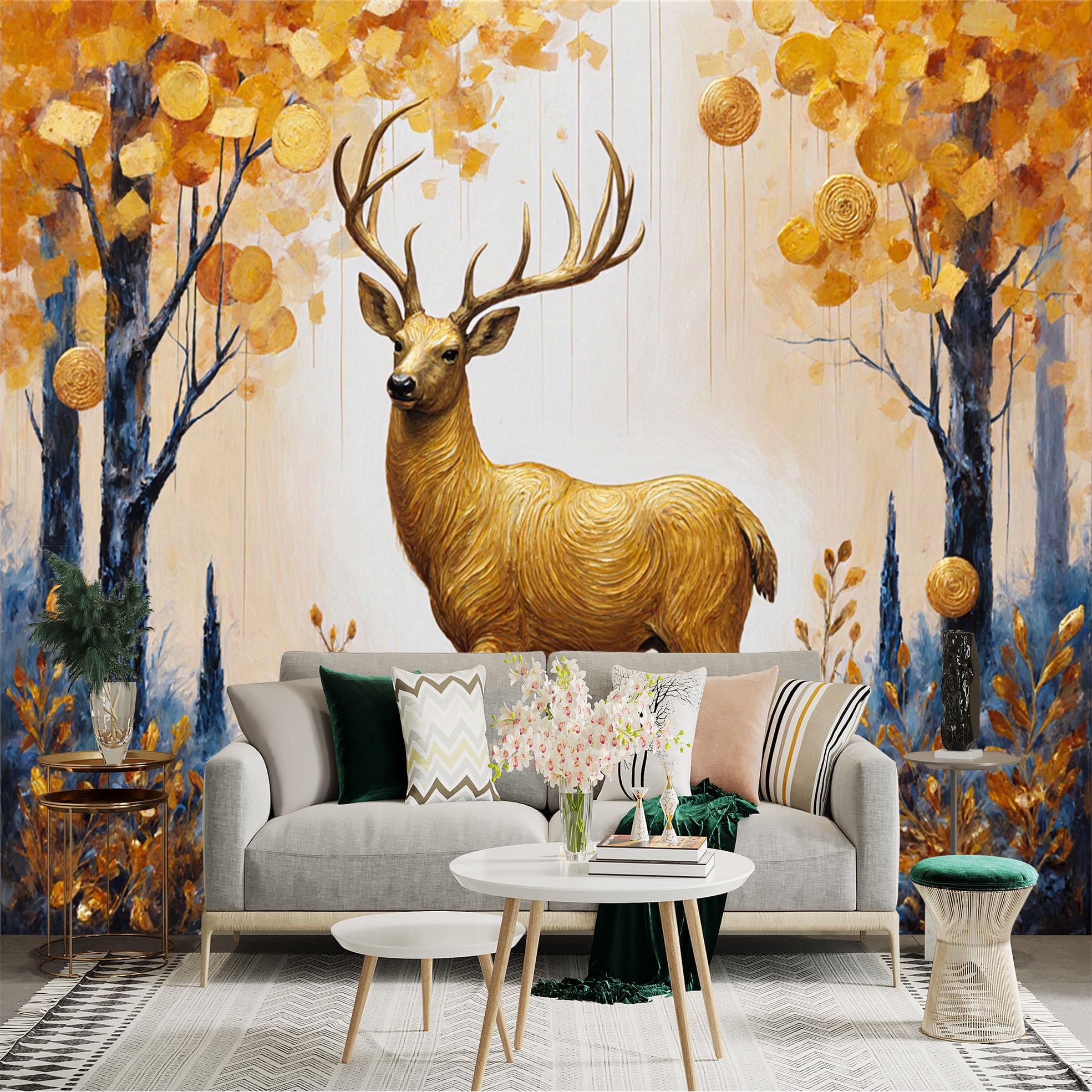 Custom Size Wall Sticker Mural， Golden Deer in Autumn Forest with Blue and Gold Trees， for wall Decoration， peelandstick wall Decals.
