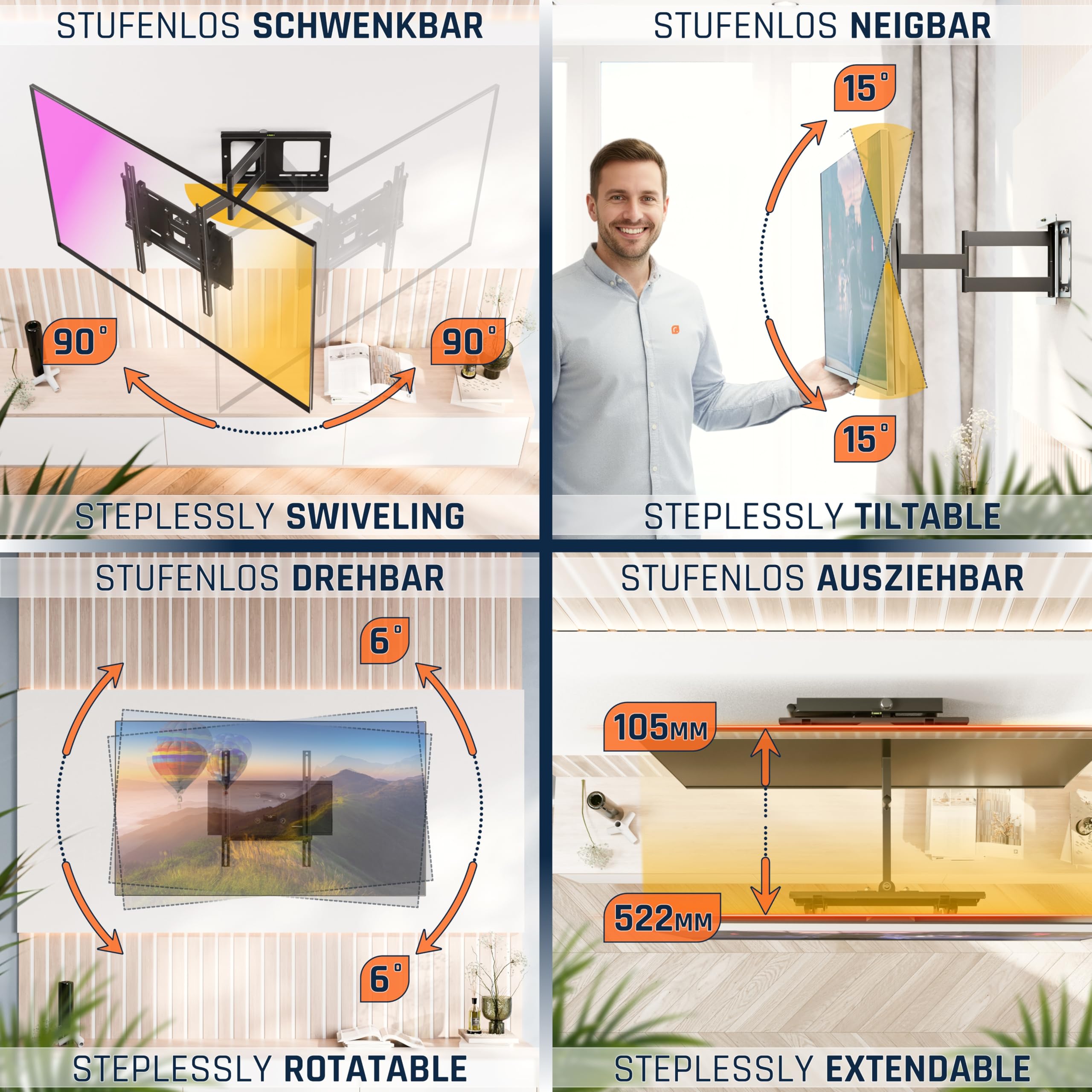RICOO R23-S TV Wandhalterung Schwenkbar für 40-75 Zoll Fernseher bis 95 kg VESA 400 x 400