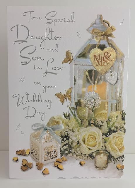Greeting Card (JJ8731) - Wedding - Daughter and Son in Law - Lantern and Roses - Velvet Range - Embossed, Flitter and Foil Finish