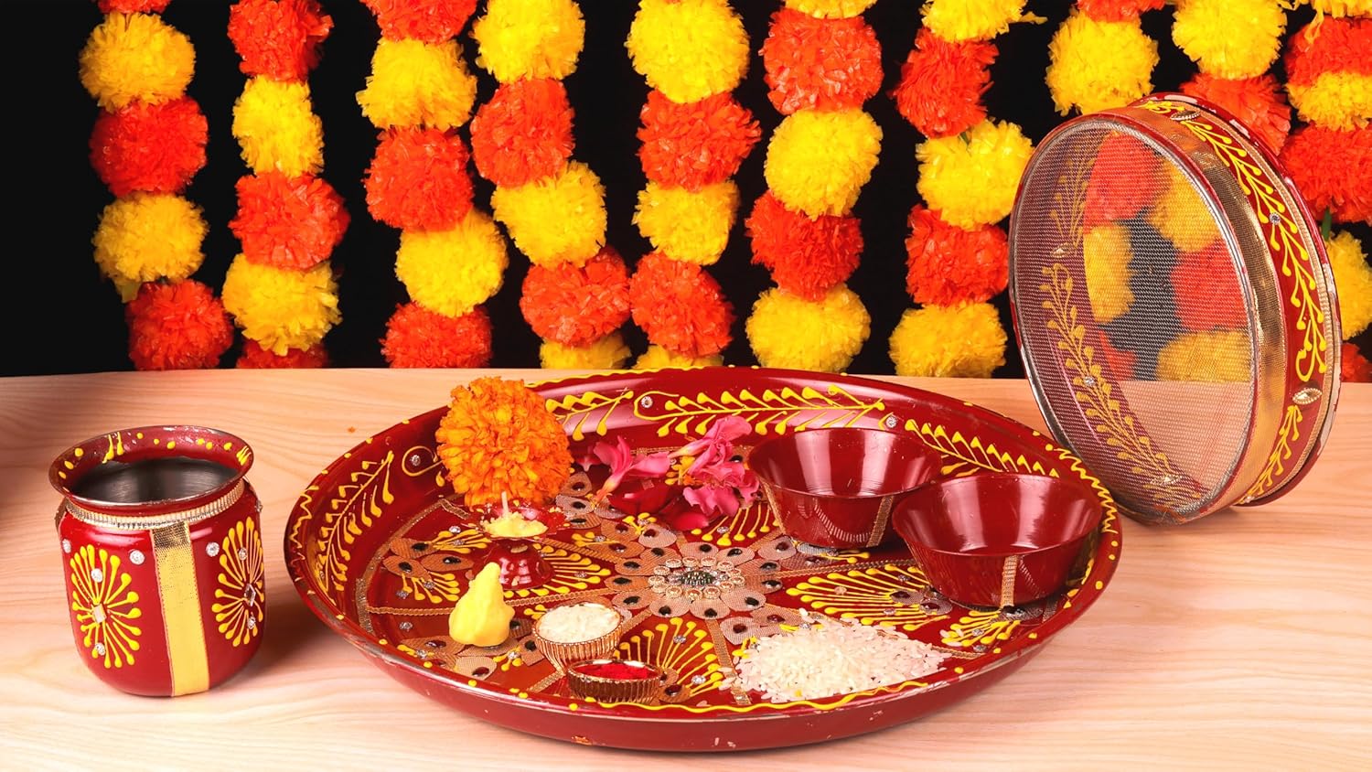 HATHKAAM Karwa Chauth Thali Set – 12 Pc Decorative Pooja Thali Kit with Sieve, Lota, Diya, Bowls + FREE Samagri (Moli, Bindi, Comb, Cotton Wicks, Rubber Band) – Gift Set for Wife & Festivals | HKPT015