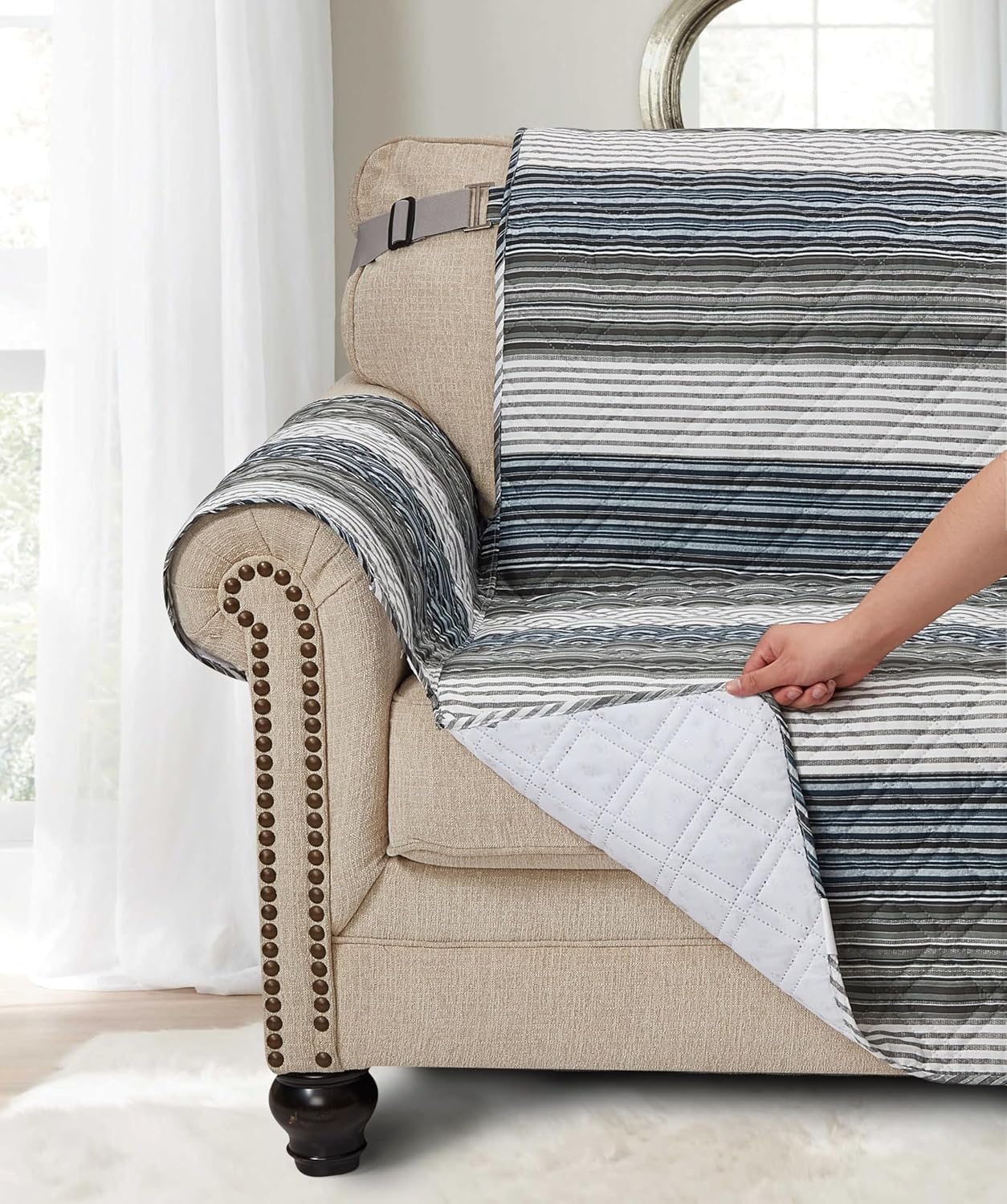 Brilliant Sunshine Multi Grey Stripes Patchwork Quilted Recliner Slipcover, 26" Seat Width, Slip Resistant Furniture Protector, 2" Strap, Washable Reclining Chair Cover for Kids, Dogs, Multi Grey