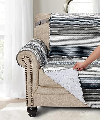 Miniatura 3 de Brilliant Sunshine Funda de sofá con diseño de retazos con diseño de rayas grises, funda acolchada para sofá grande, 70 pulgadas de ancho de