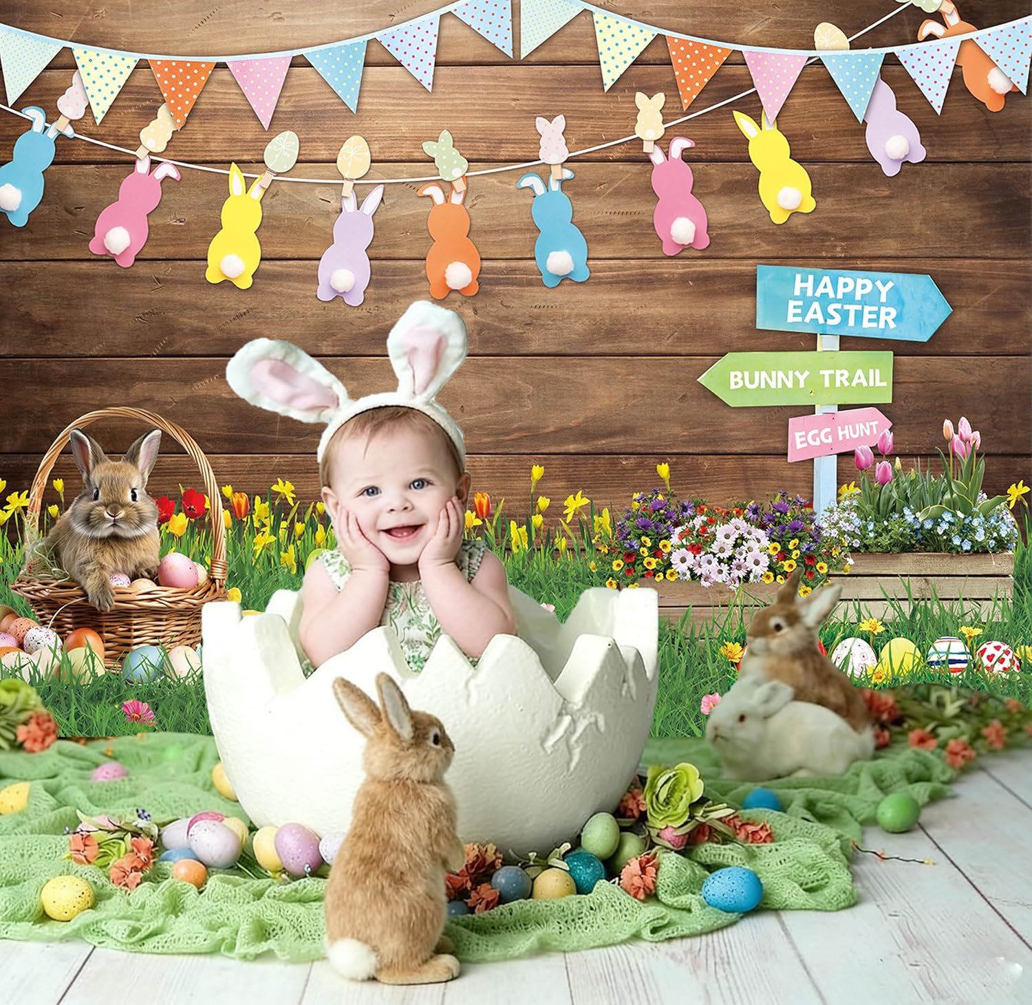 Easter Backdrops for Photography 7x5FT Easter Party Decorations Spring Flower Green Grass Rabbit Egg Wooden Wall Background Kids Newborn Portrait Photo Props