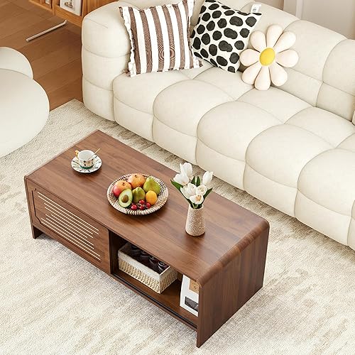 Miniatura 6 de Mesa auxiliar de 43.3 pulgadas con almacenamiento, mesa central moderna de madera de 2 niveles con puerta corredera, mesas de centro rectangulares