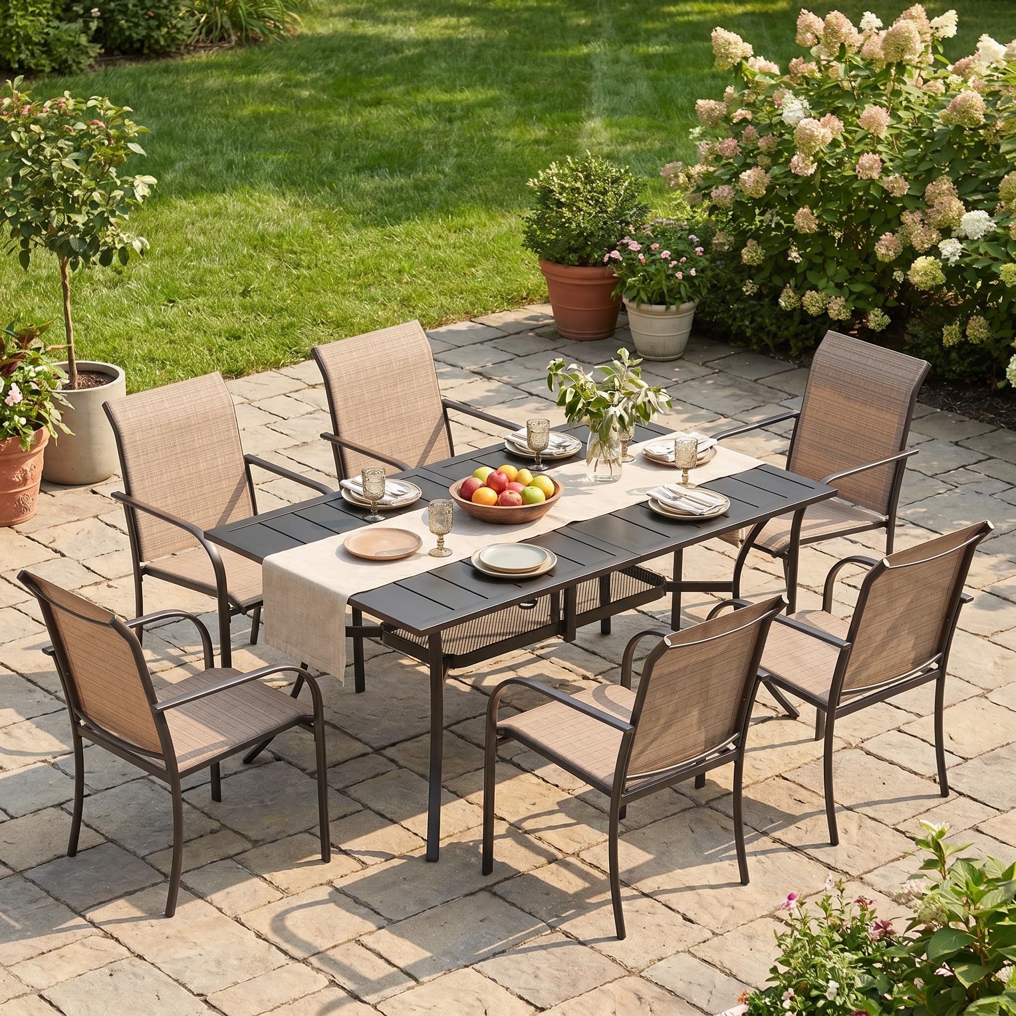 VICLLAX Patio Dining Set for 6, Outdoor Furniture Set Includes 59" Rectangle Patio Table and 6 Patio Sling Chairs, Outdoor Table and Chairs for Outsides, Black Tabletop and Brown Fabric