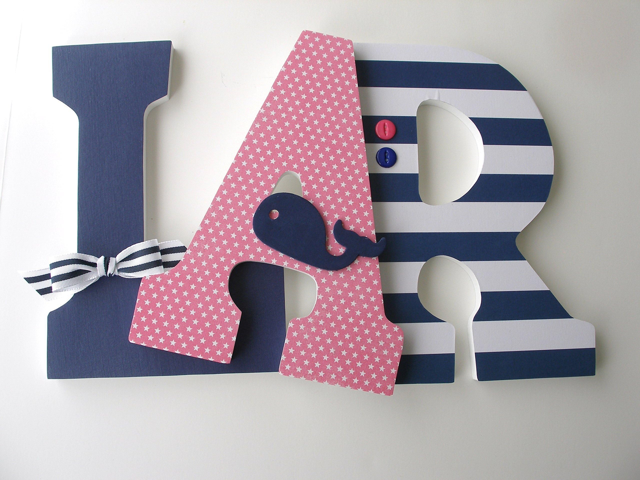 Pink and Navy Blue Nautical Custom Wooden Letters, Baby Girl Nursery Decor, Large 9 Inch Bedroom Decorations, Wood Name Art for Walls