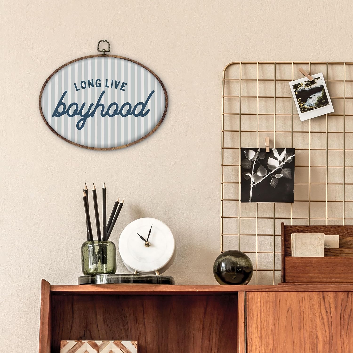 DILSJ Boy Nursery Oval Wall Art Decor, Long Live Boyhood Canvas Wall Art Framed, Vintage Blue Striped Playroom Hanging Decorations for Kids Toddler Little Boys Nursery Room Bedroom, 8.5x11 Inch