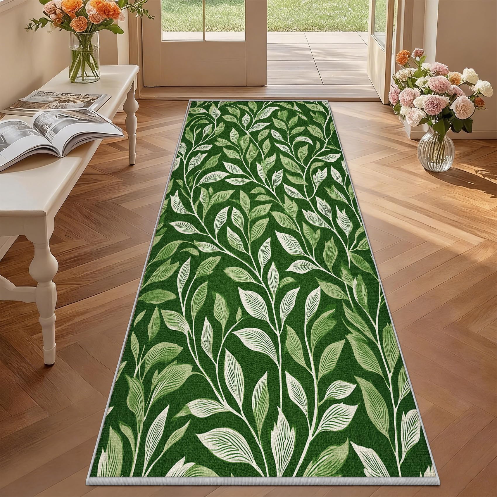 Tapis couloir antidérapant et lavable en machine style feuilles 60x240