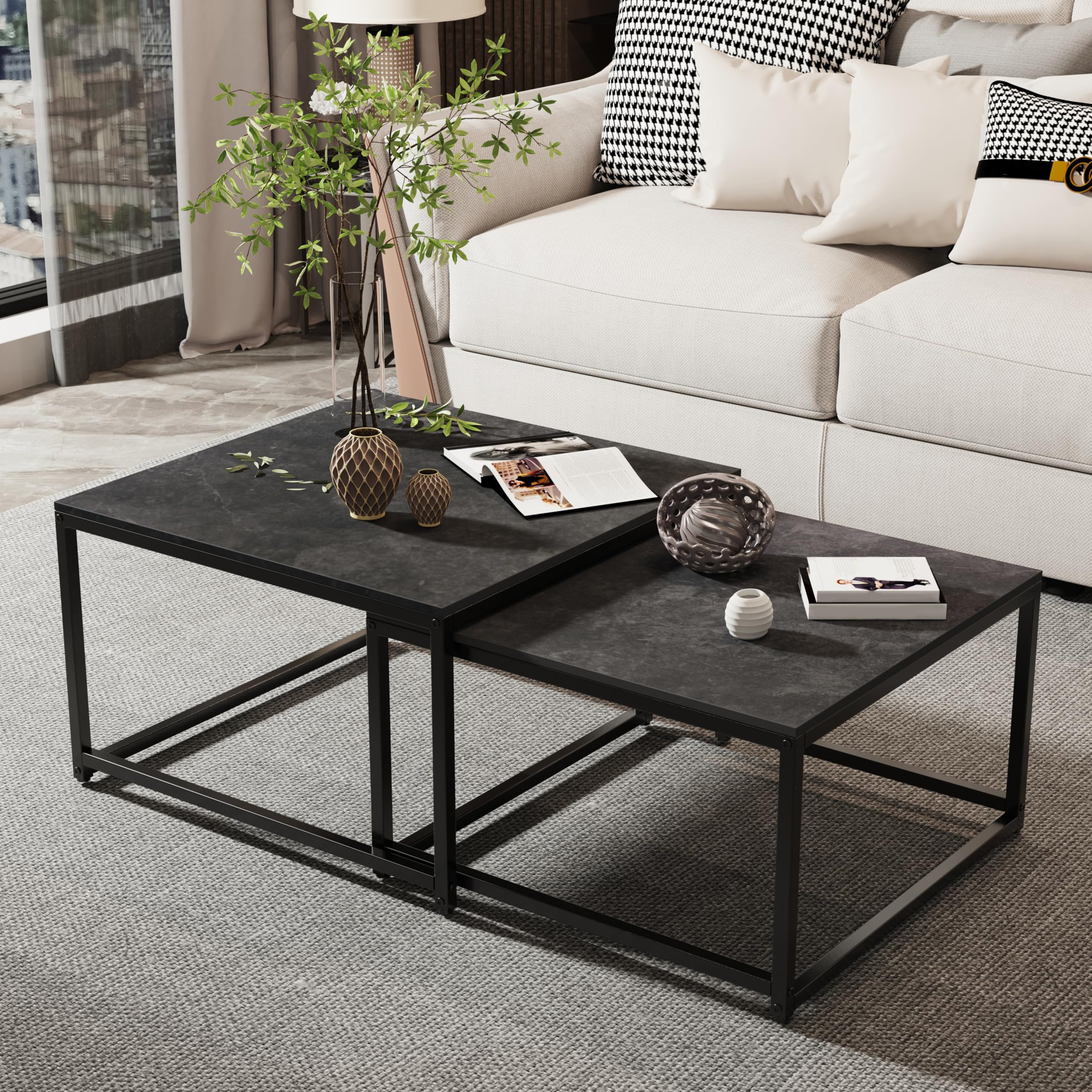 FATIVO Mesa Nido de Centro de Mármol: Mesa de Café Cuadrada Nórdica de Piedra Sinterizada y Metal para Salón Sofá Hogar Oficina, Antracita