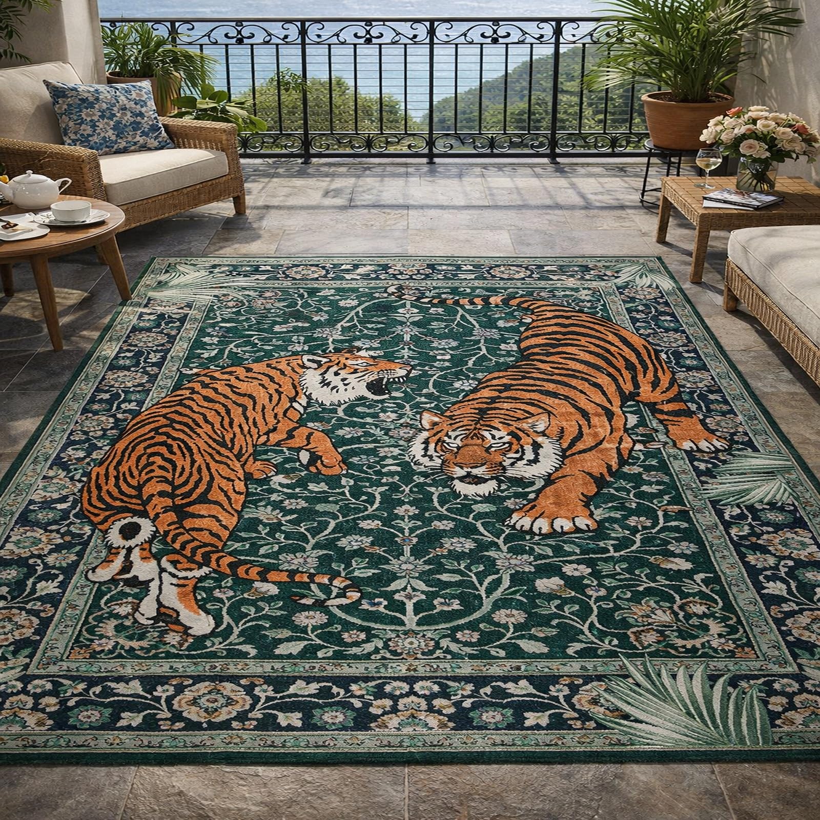 Tapis Lavable et Antidérapant Floral Moderne Vert et Orange 150x150