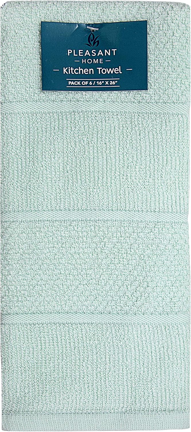 Pleasant Home Kitchen Towels (16.5”x 26”, 6 Pack) – Large Cotton Kitchen Hand Towels – Textured Solid Dyed – 369 GSM Highly Absorbent Tea Towels Set – Aqua