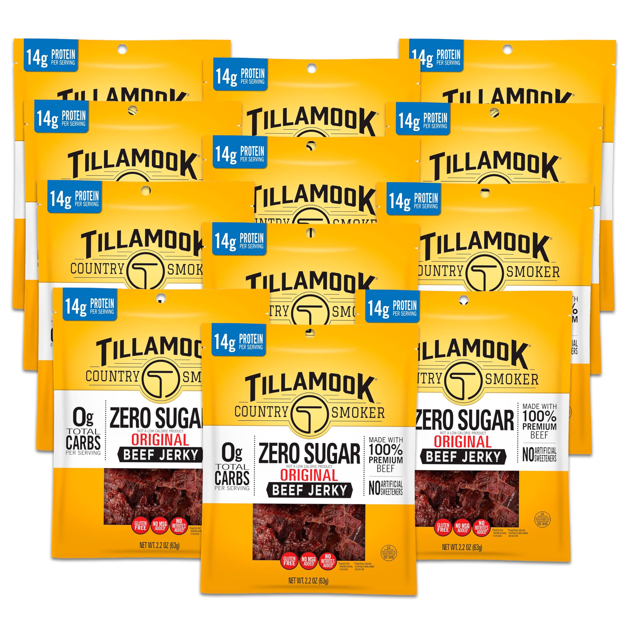 Tillamook Country Smoker Original Beef Jerky, Zero Sugar, 14g Protein per Serving, Gluten Free, 2.2 Ounce (Pack of 12)