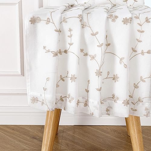 Miniatura 3 de Bujasso Cortinas semitraslúcidas con estampado de hojas bordadas y forradas de 84 pulgadas, cortinas de ventana con patrón de hojas bordadas con