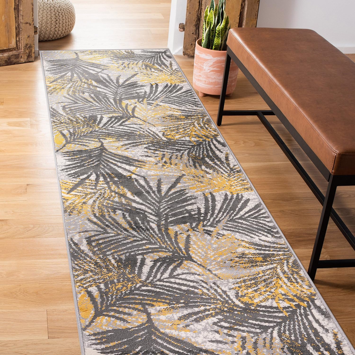 Rugshop Edinburgh Floral Leaves Stain Resistant Soft Runner Rug 2' x 7' Yellow