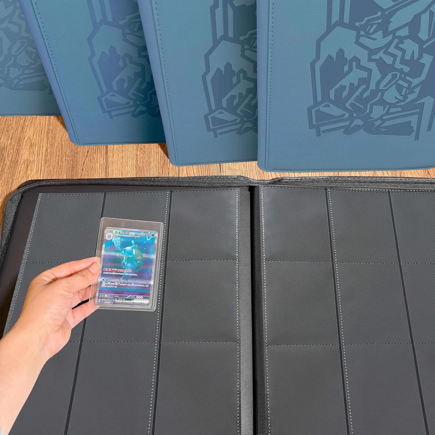 Toploader Binder, Oversized 9 Pocket 252 Top loaders Holder with Customizable Label Slot and Side-Loading Sleeves for Trading Cards in 3" x 4" Toploader (Blue Turtle)