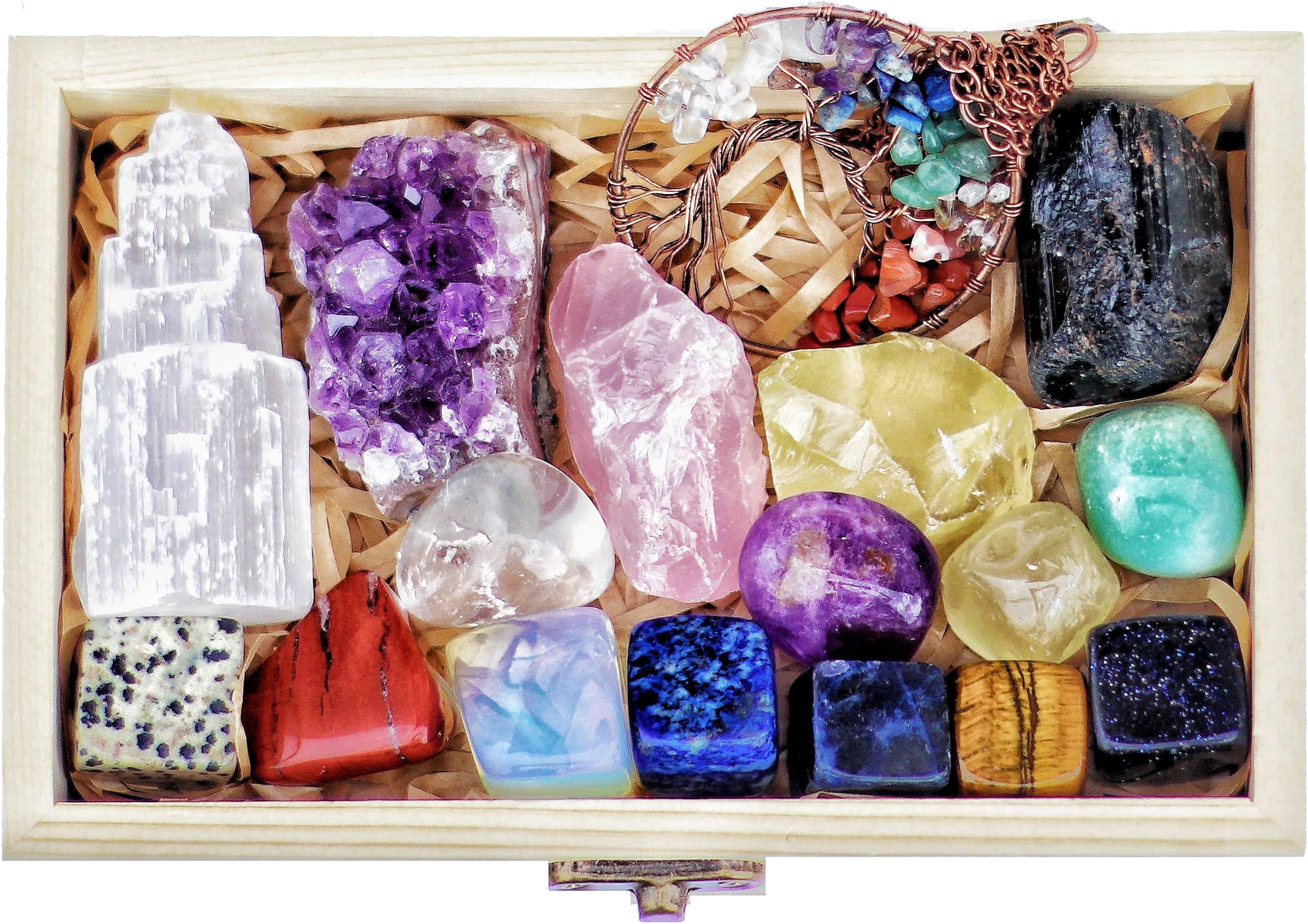 AtPerry's 16 Natural Healing Crystals Set in Wooden Box - Tumbled Gemstones, Rough & Raw, Including Selenite Tower, Raw Black Tourmaline, Amethyst Geode, Rose Quartz, Lapiz Lazuli, Citrine & Tiger Eye