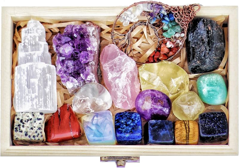 Healing Crystals Set - 16 Real Chakra Crystals & Stones for Stress & Anxiety Relief, Wooden Gift Box + Tree of Life Necklace + Guide Book, Selenite Amethyst Rose Quartz - Gift for Women