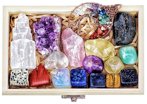 AtPerry's 16 LARGE Natural Healing Crystals Set in Wooden Box