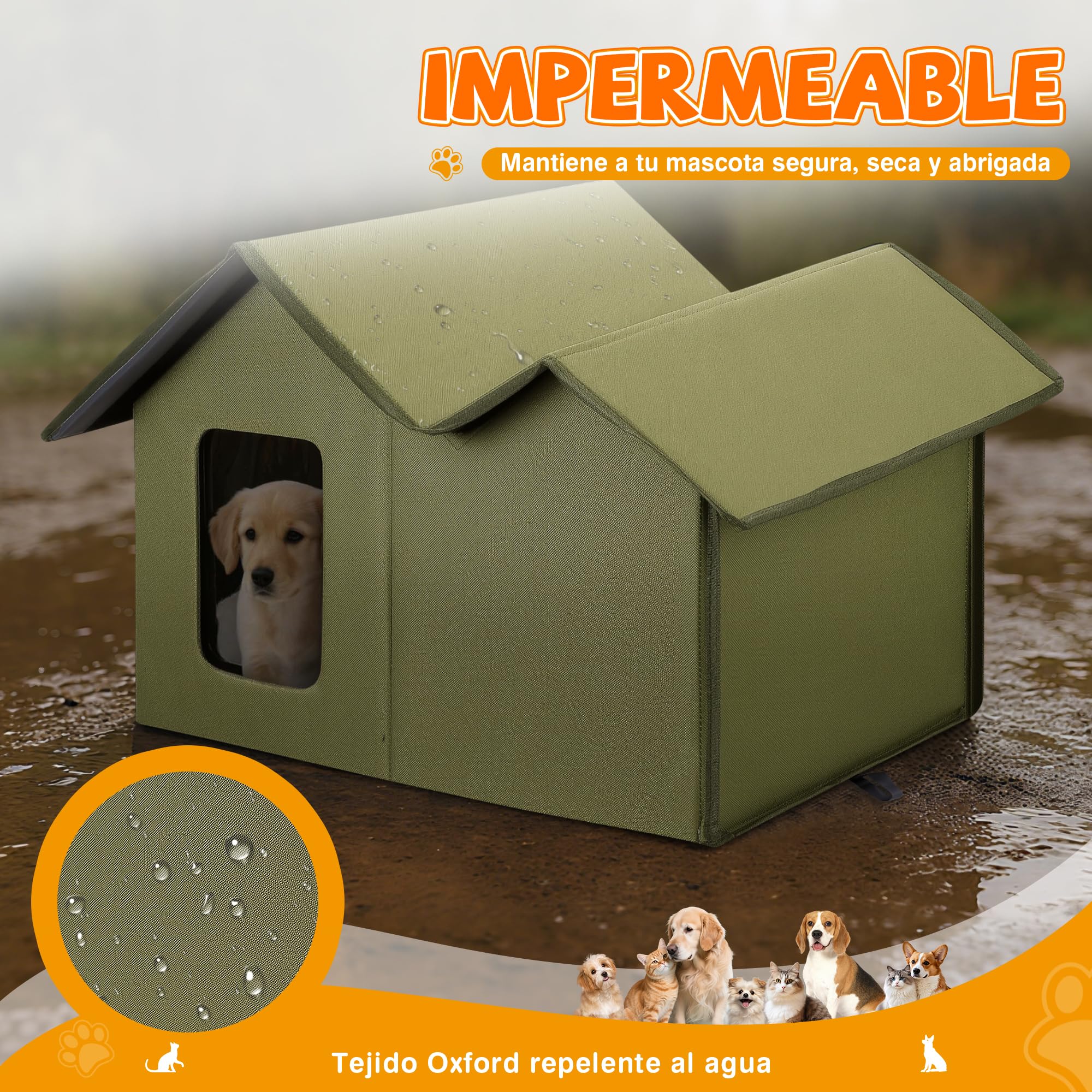 ALLSOPETS Casa para Gatos Exterior Impermeable, Caseta Gato Plegable y Resistente a la Intemperie, Refugio Cálido para Gatos o Perros Pequeños Interior y Exterior (Verde Bosque)