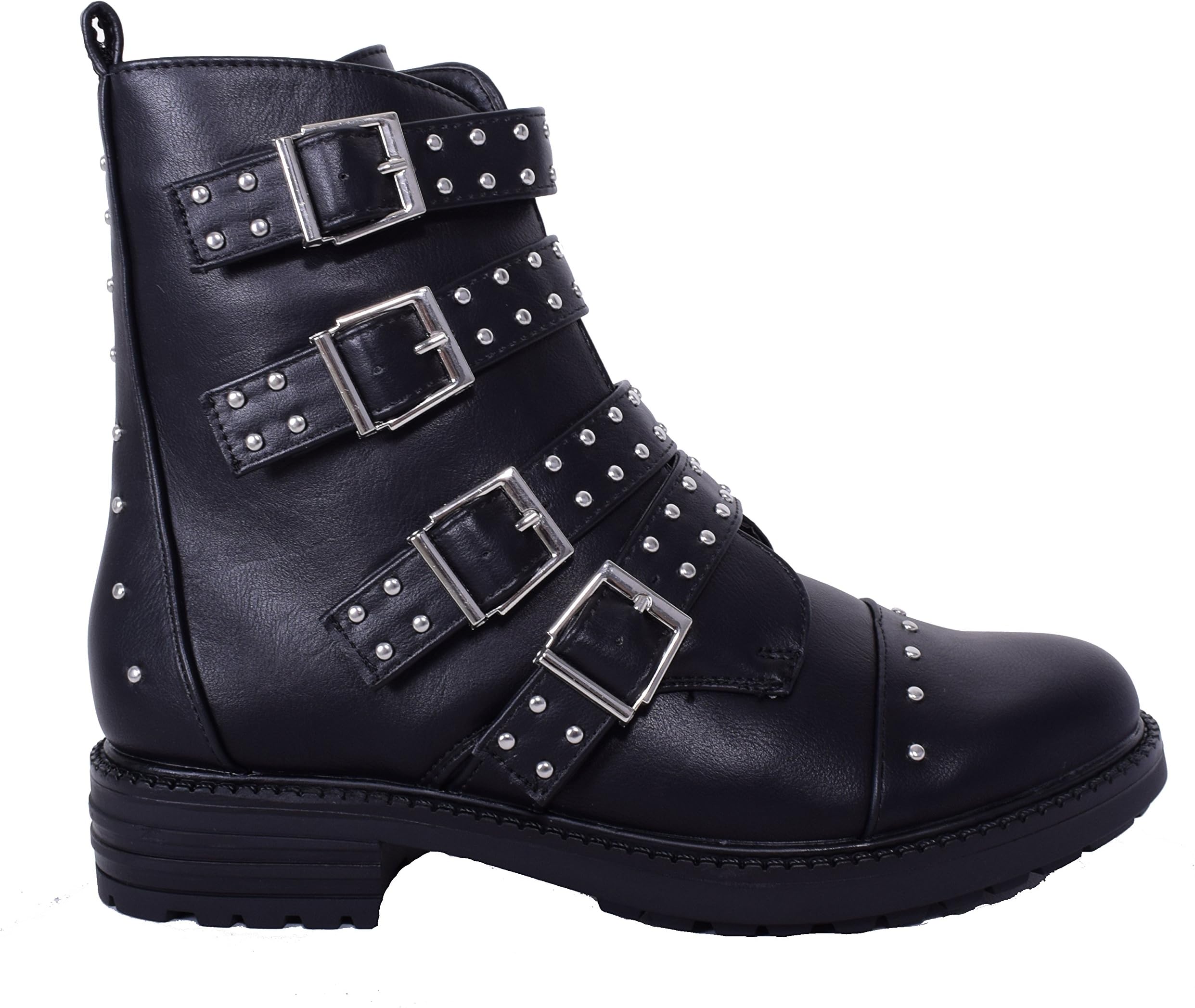 £27.99 Womens Ladies Ankle Biker Boots Studded Buckles Everyday Casual AW17 Black Shoes Size