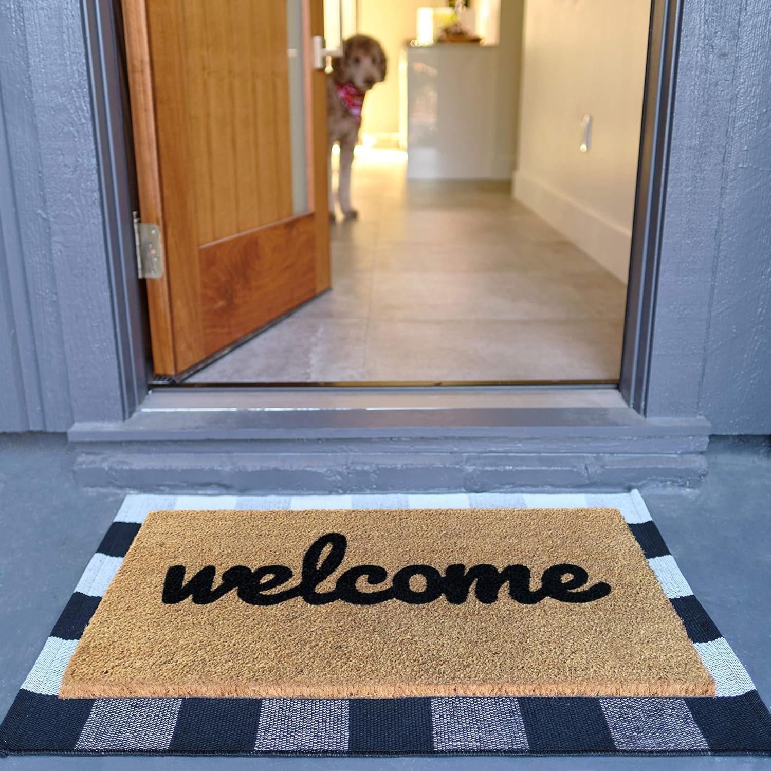 Sierra Concepts Welcome Mats Outdoor Front Door Mat Porch mat Decor 30 x 17 + Buffalo Plaid mat Farmhouse Combo Set for Entryway, Home, Entrance, Spring, Fall, Indoor