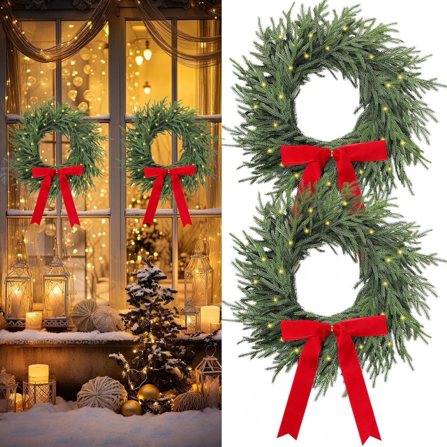 Daifunli 2 Pcs Light Up Christmas Norfolk Pine Wreaths with Bow 20 Inch Lighted Xmas Wreaths LED Artificial Realistic for Indoor Outdoor Windows Porch Wall Home Decor(Red Bow,Classic)