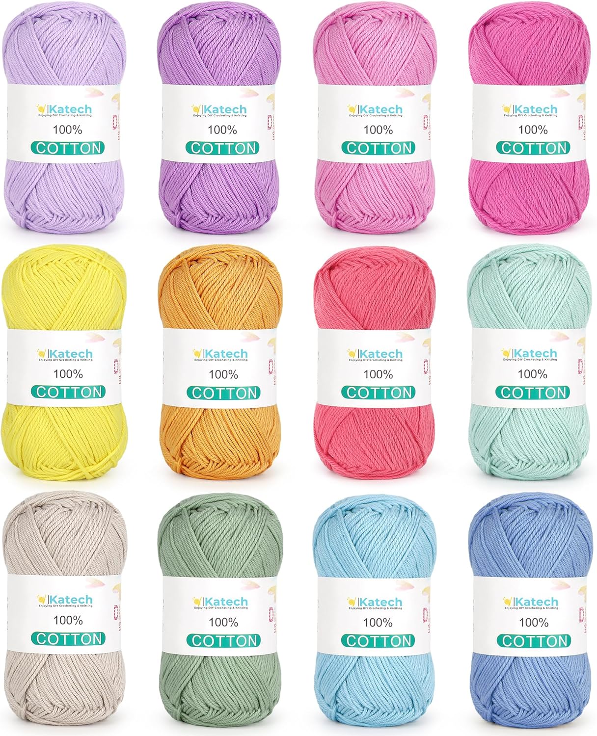 Katech 1OO% Cotton Yarn for Crocheting & Knitting–12-Color of 137 Yards/1.76 oz Baby Cotton Yarn Sport Weight CYC #2-Soft & Breathable-Ideal for Dishcloths, Baby Clothes, Potholders