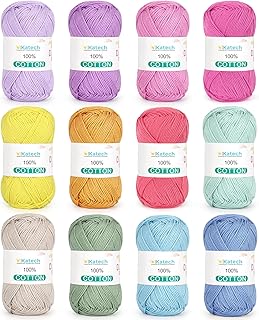 Katech 1OO% Cotton Yarn for Crocheting & Knitting–12-Color of 137 Yards/...