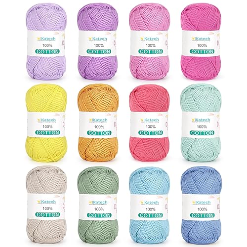 Katech 1OO% Cotton Yarn for Crocheting & Knitting–12-Color of 137 Yards/1.76 oz Baby Cotton Yarn Sport Weight CYC #2-Soft & Breathable-Ideal for Dishcloths, Baby Clothes, Potholders - D - 12 PACK
