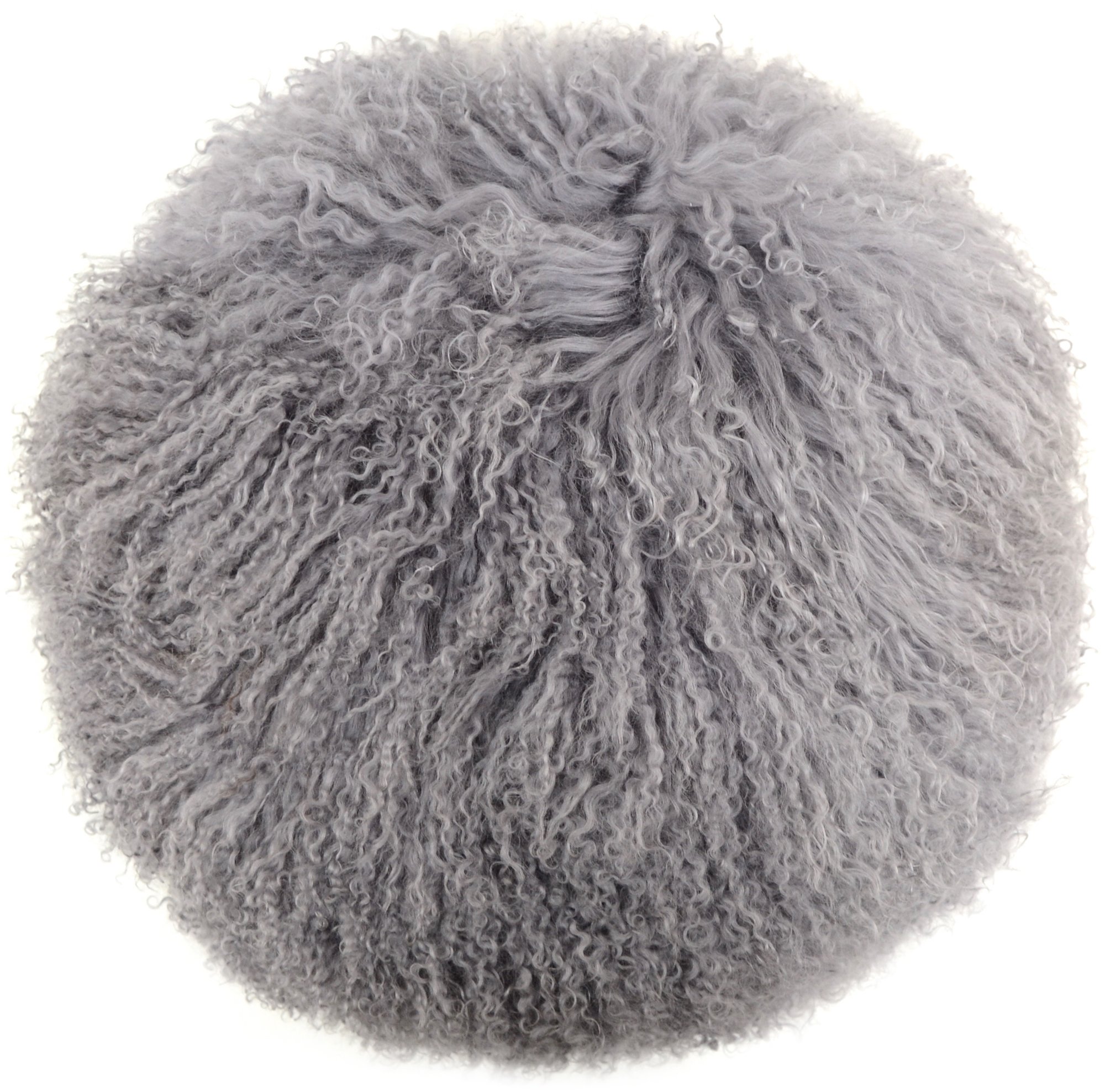 SNUGRUGS Round Mongolian Long Curly Wool Sheepskin Cushion & Cushion Inner, Grey, Round 40cm