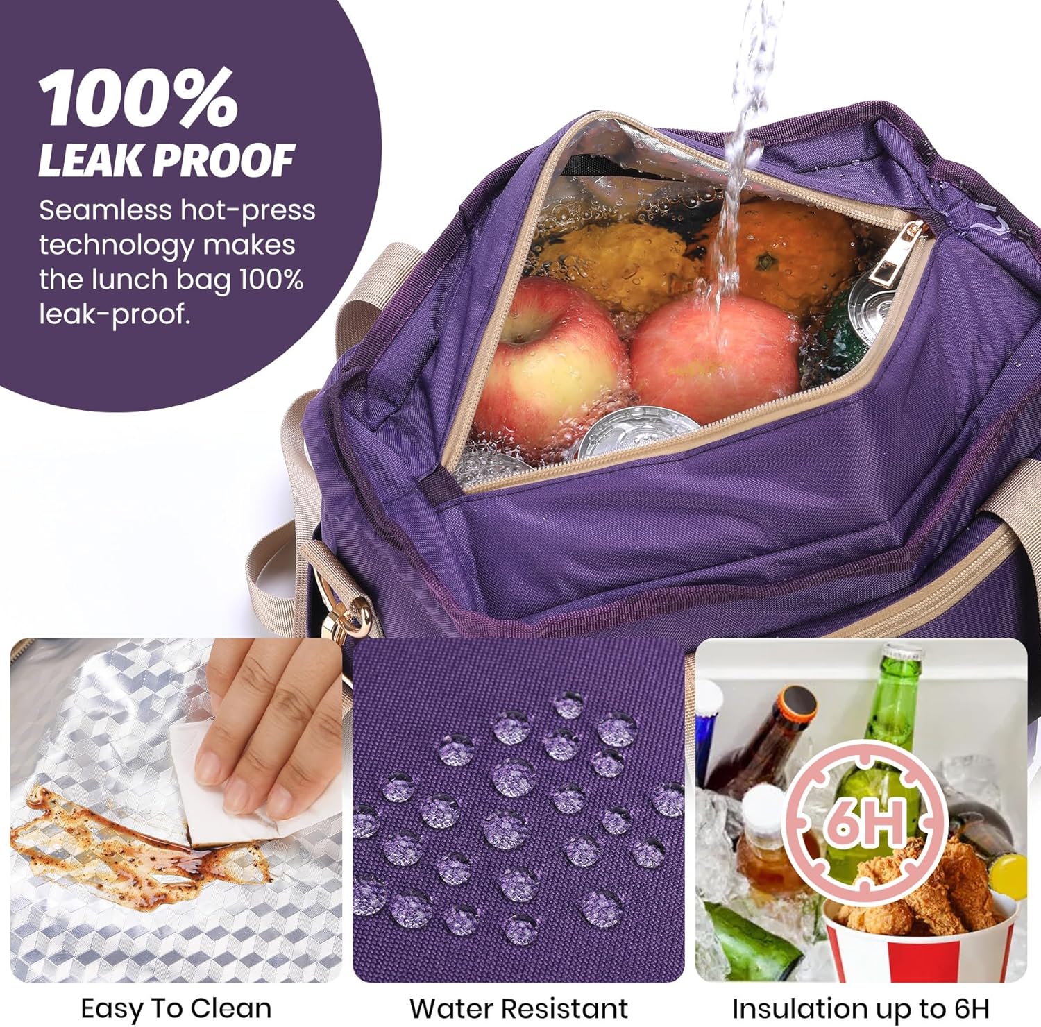 Lunch Box Lunch Bag Women, Leakproof Insulated Lunch Cooler Bag for Women, Large Lunch Tote Bags Adults(Purple,16.2L) - Image 3