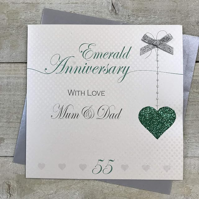 Mum & Dad 55th Emerald Wedding Anniversary Handmade Card - Love Lines - by WHITE COTTON CARDS LLA55MD, grey|white|black