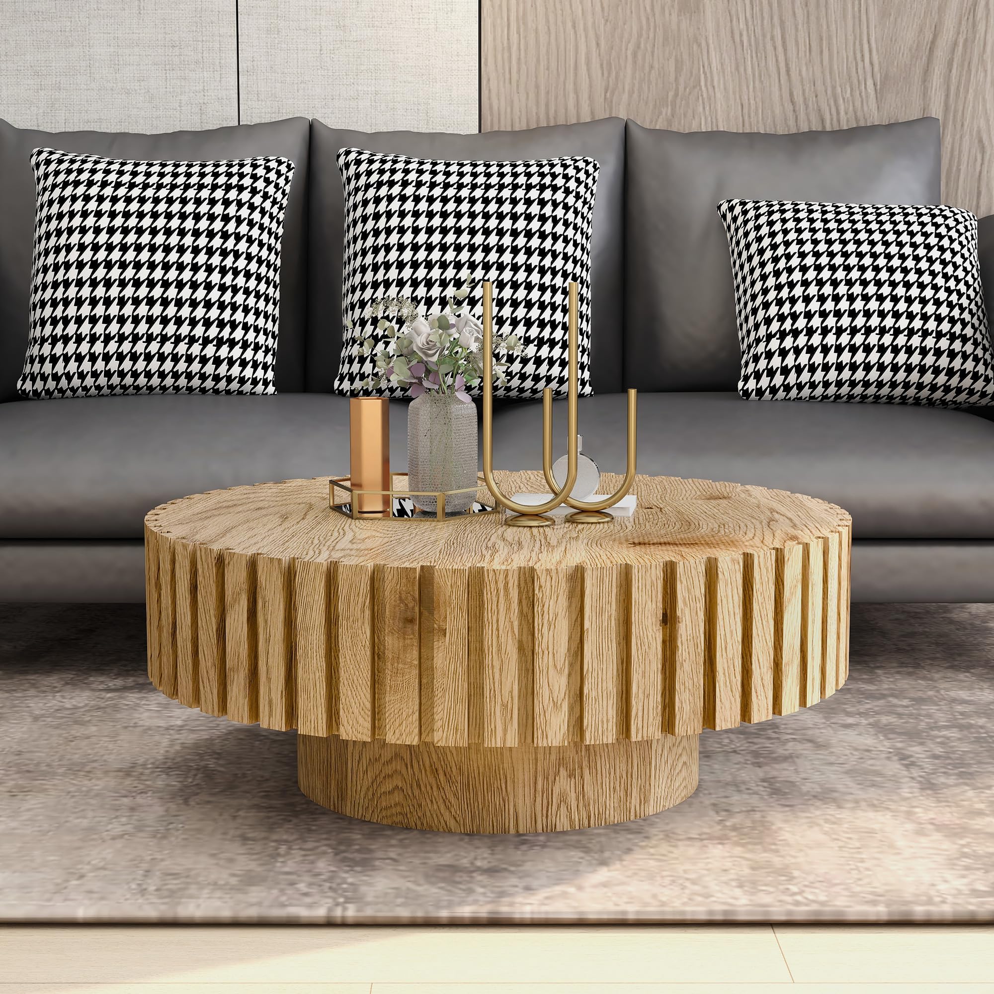 JURMALYN Round Coffee Table for Living Room, 31.5" Circle Wood Center Table with Pedestal for Apartment, Easy Assembly, Natural