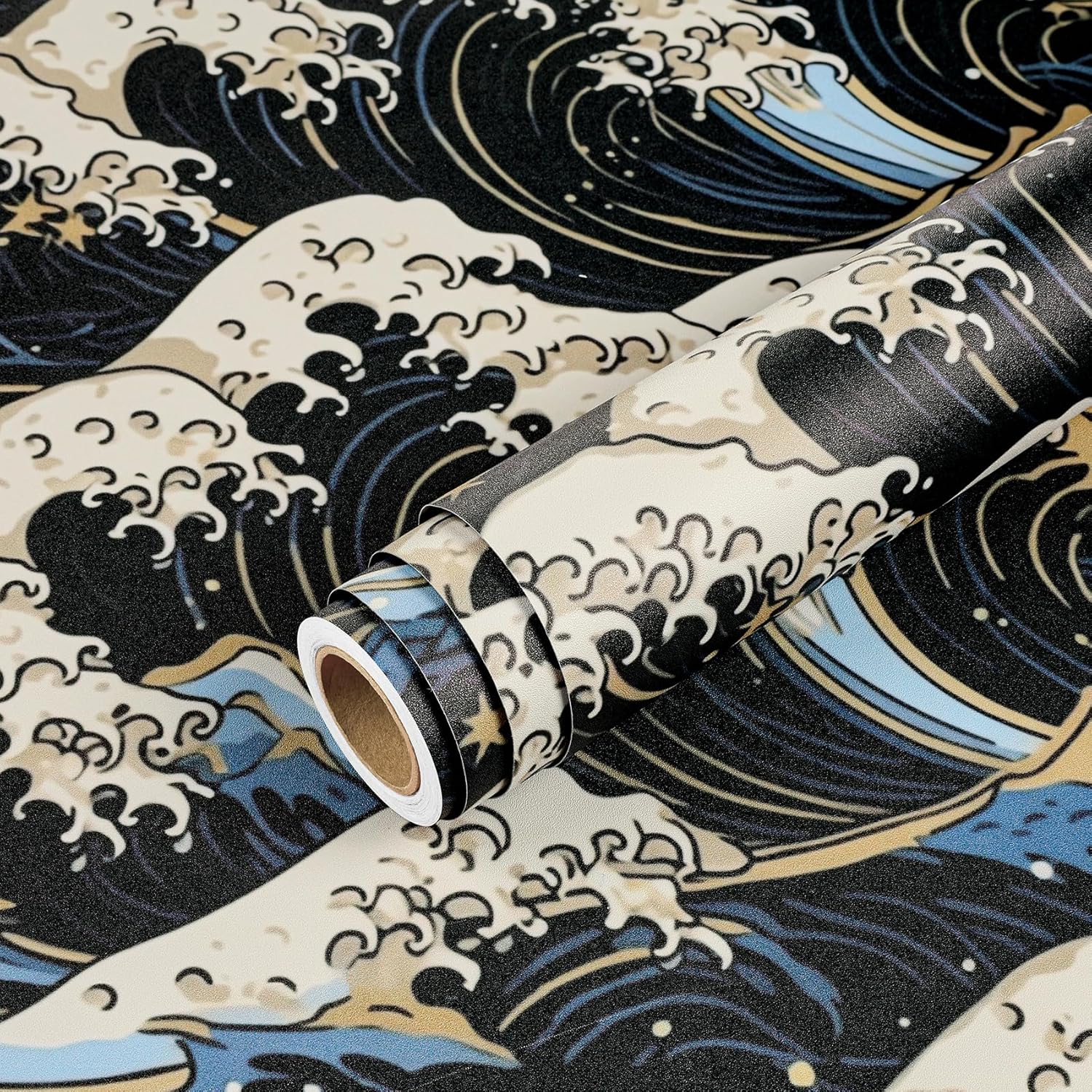 Livelynine 17.5x276 Japanese Wave Peel and Stick Wallpaper Blue with Gold Ocean Waves White Navy Blue Wallpaper for Bedroom Bathroom Renter Friendly Nautical Beachy Coastal Contact Paper for Cabinets