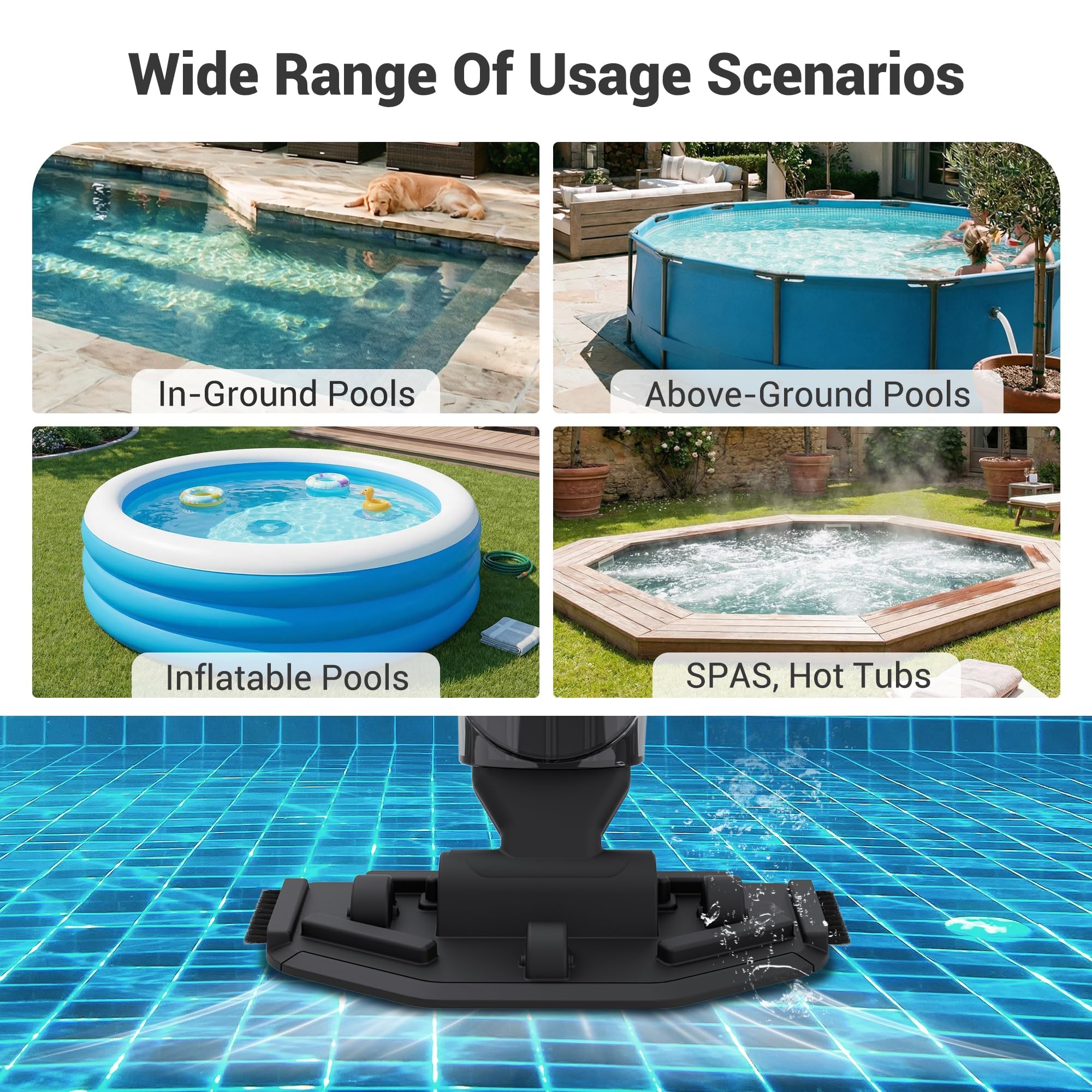 Aspirapolvere per piscina fuori terra - 60 minuti di autonomia e palo in alluminio a 4 sezioni, aspirazione potente, detergente per piscina ricaricabile portatile leggero senza fili con