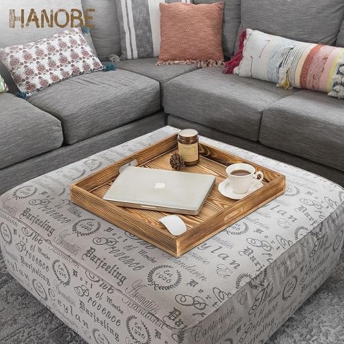 Miniatura 3 de Hanobe Bandeja otomana cuadrada grande bandeja extra grande para servir con asas, bandejas decorativas de madera rústica, mesa auxiliar, decoración