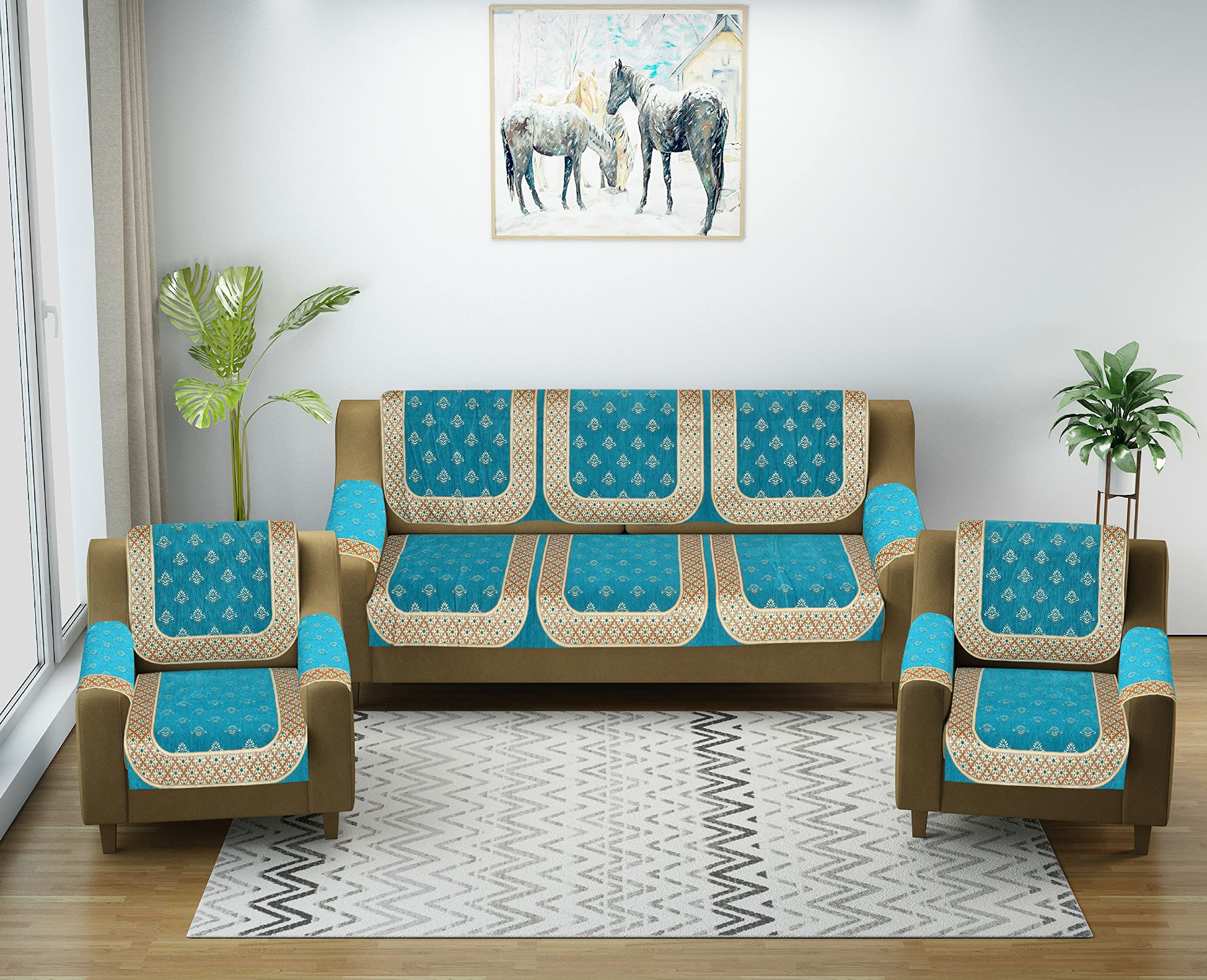 SAWNA HOMES 5 Seater Printed Velvet Chenille Sofa Cover Set With Arm Covers | Back Slip Panels for 3,1,1 Seater | Anti-Slip Washable Protectors for Living Room (12 Pcs, Sky Blue)-image-32