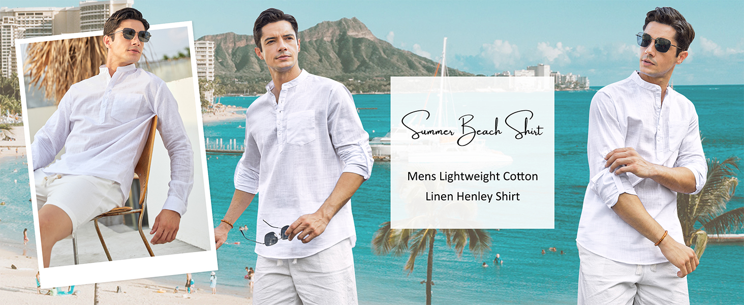 Camicia Lino Uomo Manica Corta – Henley Cotone Regular Fit, Casual Elegante Per L'Estate, Colore Unito - 2